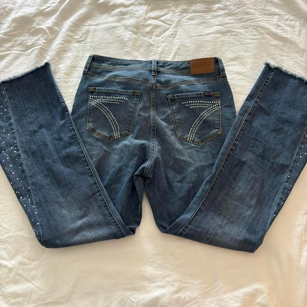 Seven7 Rhinestone Flare Jeans Dark Wash Y2K Raw Hem Size 12
